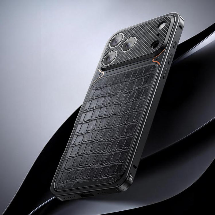 Funda magnética de metal con textura de cuero de lujo y hebilla de resorte para teléfono., For iPhone 17 Pro Max, For iPhone 17 Pro
