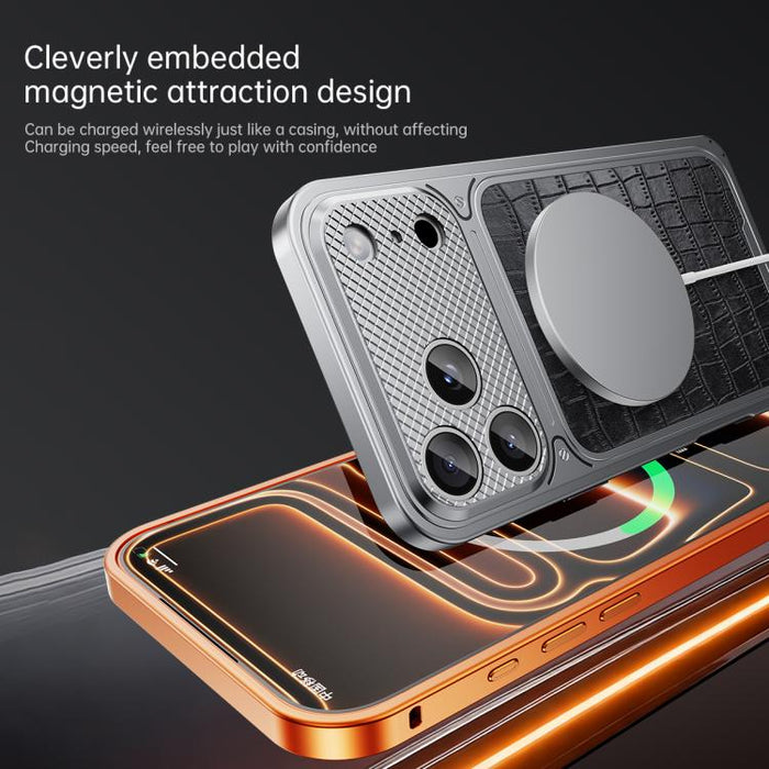 Funda magnética de metal con textura de cuero de lujo y hebilla de resorte para teléfono., For iPhone 17 Pro Max, For iPhone 17 Pro