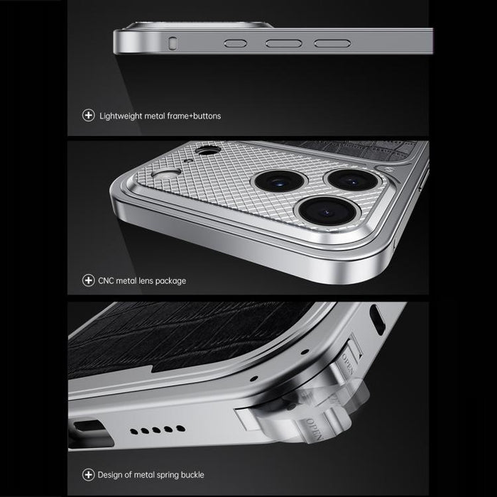 Funda magnética de metal con textura de cuero de lujo y hebilla de resorte para teléfono., For iPhone 17 Pro Max, For iPhone 17 Pro