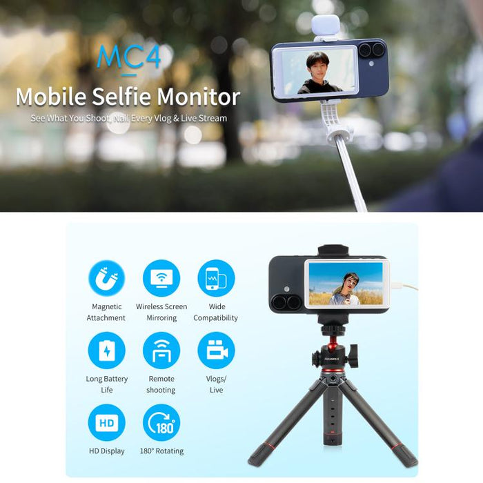 Monitor de pantalla para selfies FEELWORLD MC4 para vlogs y transmisiones en vivo, conexión inalámbrica con parte trasera magnética y control remoto.