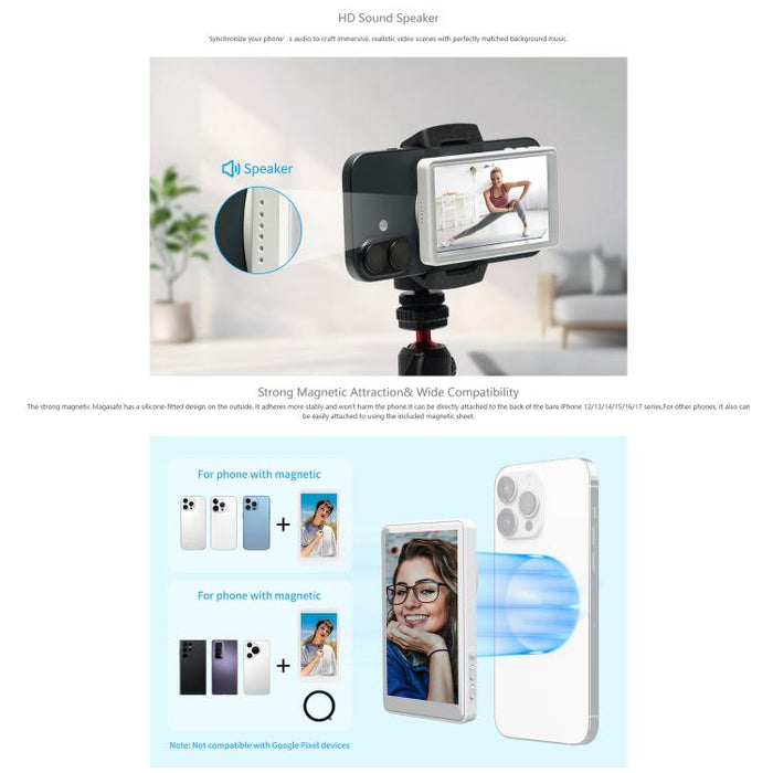 Monitor de pantalla para selfies FEELWORLD MC4 para vlogs y transmisiones en vivo, conexión inalámbrica con parte trasera magnética y control remoto.