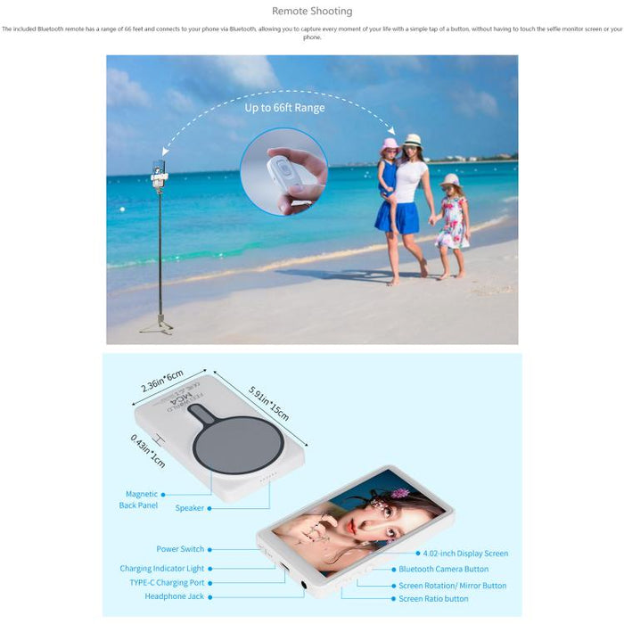 Monitor de pantalla para selfies FEELWORLD MC4 para vlogs y transmisiones en vivo, conexión inalámbrica con parte trasera magnética y control remoto.