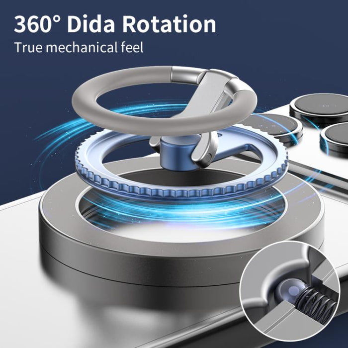 Soporte magnético multifuncional para teléfono con anillo giratorio de 360 grados y protector de anillo de silicona.