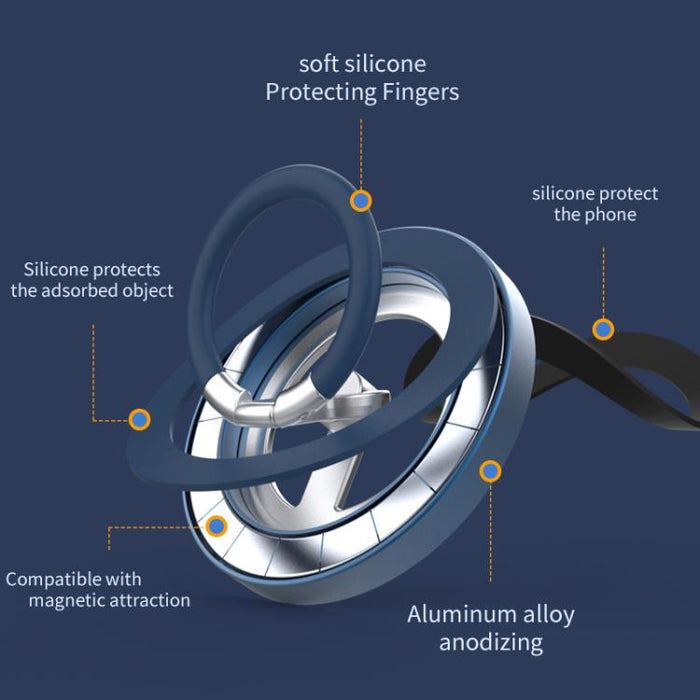 Soporte magnético multifuncional para teléfono con anillo giratorio de 360 grados y protector de anillo de silicona.
