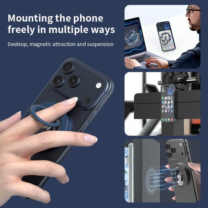 Soporte magnético multifuncional para teléfono con anillo giratorio de 360 grados y protector de anillo de silicona.