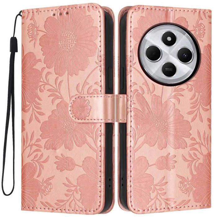 Funda para teléfono de piel vegana con relieve de girasol y cuerda negra pequeña, For Redmi 14C 4G / Poco C75 4G, For Redmi 13 4G Global / 13 5G Global, For Redmi A3 4G Global / A3x 4G, For Redmi 13C 5G Global / 4G Global, For Redmi Note 13 4G         ...