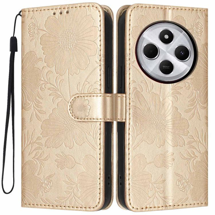 Funda para teléfono de piel vegana con relieve de girasol y cuerda negra pequeña, For Redmi 14C 4G / Poco C75 4G, For Redmi 13 4G Global / 13 5G Global, For Redmi A3 4G Global / A3x 4G, For Redmi 13C 5G Global / 4G Global, For Redmi Note 13 4G         ...