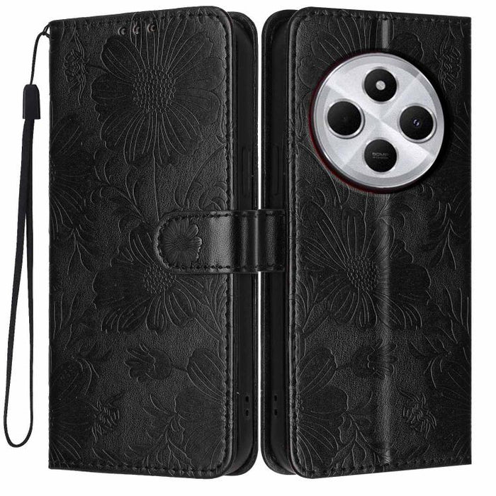 Funda para teléfono de piel vegana con relieve de girasol y cuerda negra pequeña, For Redmi 14C 4G / Poco C75 4G, For Redmi 13 4G Global / 13 5G Global, For Redmi A3 4G Global / A3x 4G, For Redmi 13C 5G Global / 4G Global, For Redmi Note 13 4G         ...