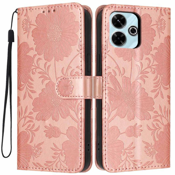 Funda para teléfono de piel vegana con relieve de girasol y cuerda negra pequeña, For Redmi 14C 4G / Poco C75 4G, For Redmi 13 4G Global / 13 5G Global, For Redmi A3 4G Global / A3x 4G, For Redmi 13C 5G Global / 4G Global, For Redmi Note 13 4G         ...