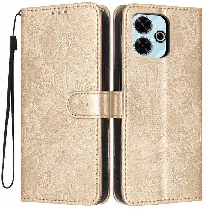 Funda para teléfono de piel vegana con relieve de girasol y cuerda negra pequeña, For Redmi 14C 4G / Poco C75 4G, For Redmi 13 4G Global / 13 5G Global, For Redmi A3 4G Global / A3x 4G, For Redmi 13C 5G Global / 4G Global, For Redmi Note 13 4G         ...