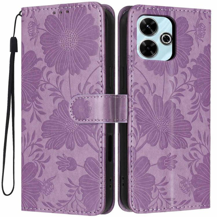 Funda para teléfono de piel vegana con relieve de girasol y cuerda negra pequeña, For Redmi 14C 4G / Poco C75 4G, For Redmi 13 4G Global / 13 5G Global, For Redmi A3 4G Global / A3x 4G, For Redmi 13C 5G Global / 4G Global, For Redmi Note 13 4G         ...