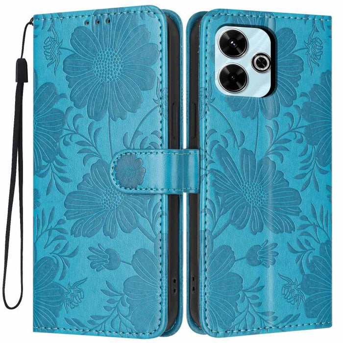 Funda para teléfono de piel vegana con relieve de girasol y cuerda negra pequeña, For Redmi 14C 4G / Poco C75 4G, For Redmi 13 4G Global / 13 5G Global, For Redmi A3 4G Global / A3x 4G, For Redmi 13C 5G Global / 4G Global, For Redmi Note 13 4G         ...