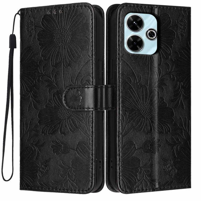 Funda para teléfono de piel vegana con relieve de girasol y cuerda negra pequeña, For Redmi 14C 4G / Poco C75 4G, For Redmi 13 4G Global / 13 5G Global, For Redmi A3 4G Global / A3x 4G, For Redmi 13C 5G Global / 4G Global, For Redmi Note 13 4G         ...