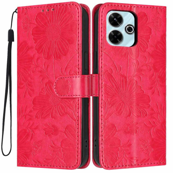 Funda para teléfono de piel vegana con relieve de girasol y cuerda negra pequeña, For Redmi 14C 4G / Poco C75 4G, For Redmi 13 4G Global / 13 5G Global, For Redmi A3 4G Global / A3x 4G, For Redmi 13C 5G Global / 4G Global, For Redmi Note 13 4G         ...