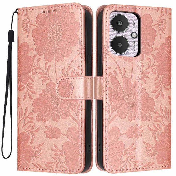 Funda para teléfono de piel vegana con relieve de girasol y cuerda negra pequeña, For Redmi 14C 4G / Poco C75 4G, For Redmi 13 4G Global / 13 5G Global, For Redmi A3 4G Global / A3x 4G, For Redmi 13C 5G Global / 4G Global, For Redmi Note 13 4G         ...