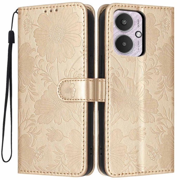 Funda para teléfono de piel vegana con relieve de girasol y cuerda negra pequeña, For Redmi 14C 4G / Poco C75 4G, For Redmi 13 4G Global / 13 5G Global, For Redmi A3 4G Global / A3x 4G, For Redmi 13C 5G Global / 4G Global, For Redmi Note 13 4G         ...