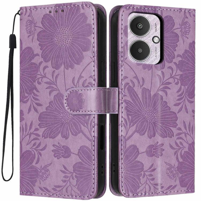 Funda para teléfono de piel vegana con relieve de girasol y cuerda negra pequeña, For Redmi 14C 4G / Poco C75 4G, For Redmi 13 4G Global / 13 5G Global, For Redmi A3 4G Global / A3x 4G, For Redmi 13C 5G Global / 4G Global, For Redmi Note 13 4G         ...