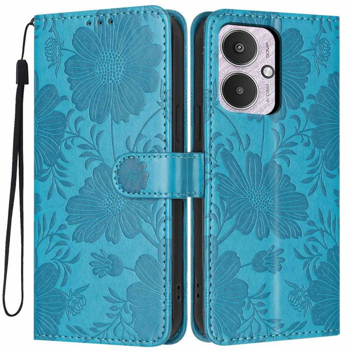 Funda para teléfono de piel vegana con relieve de girasol y cuerda negra pequeña, For Redmi 14C 4G / Poco C75 4G, For Redmi 13 4G Global / 13 5G Global, For Redmi A3 4G Global / A3x 4G, For Redmi 13C 5G Global / 4G Global, For Redmi Note 13 4G         ...