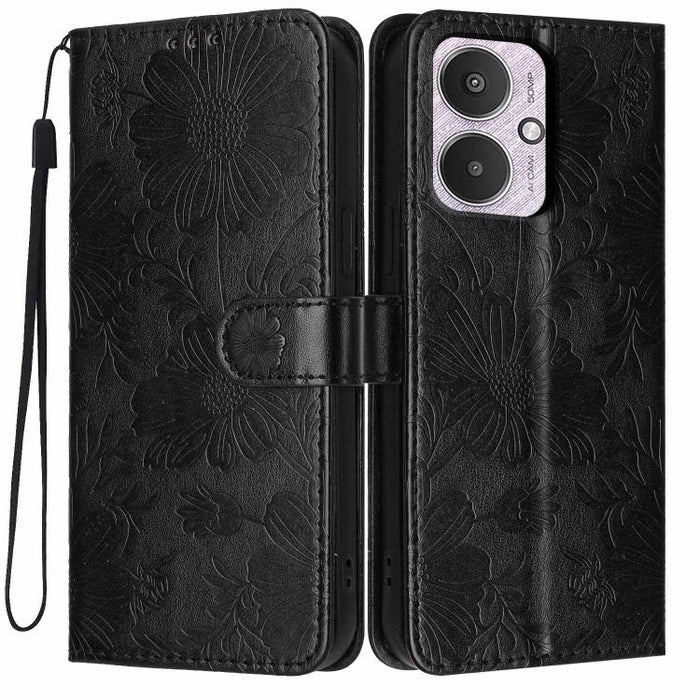 Funda para teléfono de piel vegana con relieve de girasol y cuerda negra pequeña, For Redmi 14C 4G / Poco C75 4G, For Redmi 13 4G Global / 13 5G Global, For Redmi A3 4G Global / A3x 4G, For Redmi 13C 5G Global / 4G Global, For Redmi Note 13 4G         ...