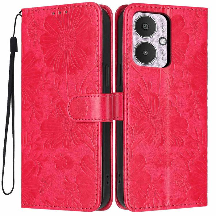 Funda para teléfono de piel vegana con relieve de girasol y cuerda negra pequeña, For Redmi 14C 4G / Poco C75 4G, For Redmi 13 4G Global / 13 5G Global, For Redmi A3 4G Global / A3x 4G, For Redmi 13C 5G Global / 4G Global, For Redmi Note 13 4G         ...