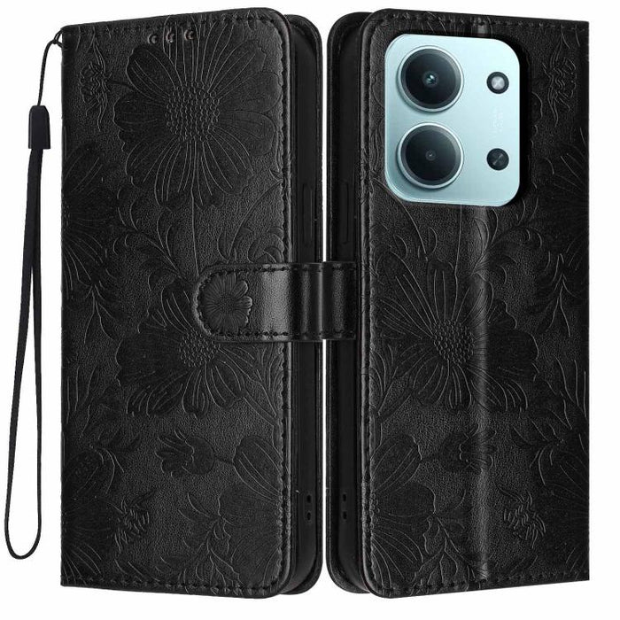 Funda para teléfono de piel vegana con relieve de girasol y cuerda negra pequeña, For Redmi Note 15 Pro 4G Global 163.2mm, For Redmi Note 15 Pro+ 5G Global 163.3mm, For Redmi Note 15 Pro 5G Global 163.6mm, For Redmi Note 15 5G Global 164mm             ...