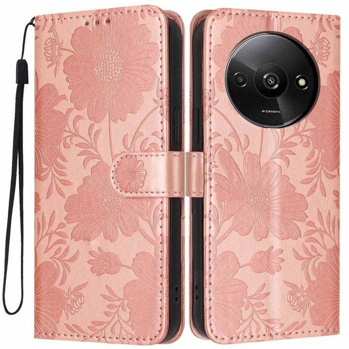 Funda para teléfono de piel vegana con relieve de girasol y cuerda negra pequeña, For Redmi 14C 4G / Poco C75 4G, For Redmi 13 4G Global / 13 5G Global, For Redmi A3 4G Global / A3x 4G, For Redmi 13C 5G Global / 4G Global, For Redmi Note 13 4G         ...