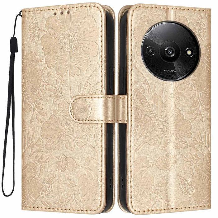 Funda para teléfono de piel vegana con relieve de girasol y cuerda negra pequeña, For Redmi 14C 4G / Poco C75 4G, For Redmi 13 4G Global / 13 5G Global, For Redmi A3 4G Global / A3x 4G, For Redmi 13C 5G Global / 4G Global, For Redmi Note 13 4G         ...