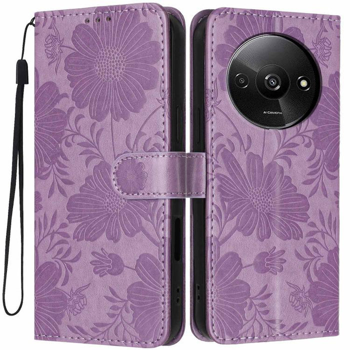 Funda para teléfono de piel vegana con relieve de girasol y cuerda negra pequeña, For Redmi 14C 4G / Poco C75 4G, For Redmi 13 4G Global / 13 5G Global, For Redmi A3 4G Global / A3x 4G, For Redmi 13C 5G Global / 4G Global, For Redmi Note 13 4G         ...