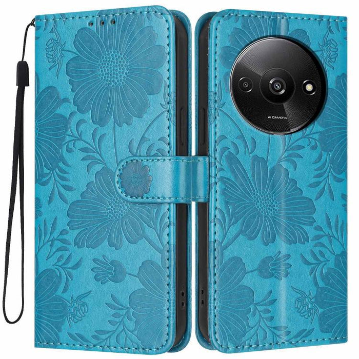 Funda para teléfono de piel vegana con relieve de girasol y cuerda negra pequeña, For Redmi 14C 4G / Poco C75 4G, For Redmi 13 4G Global / 13 5G Global, For Redmi A3 4G Global / A3x 4G, For Redmi 13C 5G Global / 4G Global, For Redmi Note 13 4G         ...