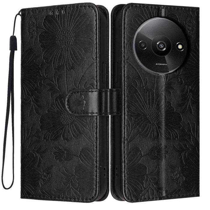 Funda para teléfono de piel vegana con relieve de girasol y cuerda negra pequeña, For Redmi 14C 4G / Poco C75 4G, For Redmi 13 4G Global / 13 5G Global, For Redmi A3 4G Global / A3x 4G, For Redmi 13C 5G Global / 4G Global, For Redmi Note 13 4G         ...