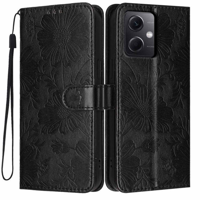 Funda para teléfono de piel vegana con relieve de girasol y cuerda negra pequeña, For Redmi 14C 4G / Poco C75 4G, For Redmi 13 4G Global / 13 5G Global, For Redmi A3 4G Global / A3x 4G, For Redmi 13C 5G Global / 4G Global, For Redmi Note 13 4G         ...