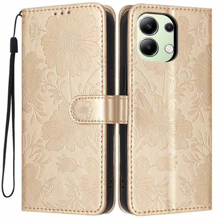 Funda para teléfono de piel vegana con relieve de girasol y cuerda negra pequeña, For Redmi 14C 4G / Poco C75 4G, For Redmi 13 4G Global / 13 5G Global, For Redmi A3 4G Global / A3x 4G, For Redmi 13C 5G Global / 4G Global, For Redmi Note 13 4G         ...