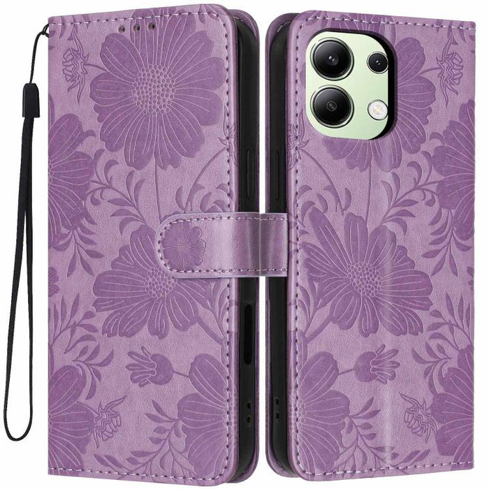 Funda para teléfono de piel vegana con relieve de girasol y cuerda negra pequeña, For Redmi 14C 4G / Poco C75 4G, For Redmi 13 4G Global / 13 5G Global, For Redmi A3 4G Global / A3x 4G, For Redmi 13C 5G Global / 4G Global, For Redmi Note 13 4G         ...