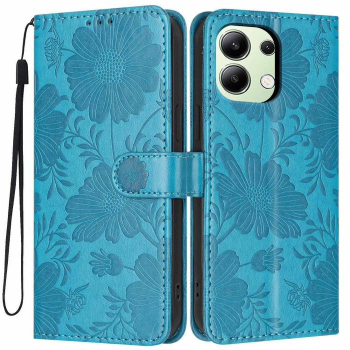 Funda para teléfono de piel vegana con relieve de girasol y cuerda negra pequeña, For Redmi 14C 4G / Poco C75 4G, For Redmi 13 4G Global / 13 5G Global, For Redmi A3 4G Global / A3x 4G, For Redmi 13C 5G Global / 4G Global, For Redmi Note 13 4G         ...