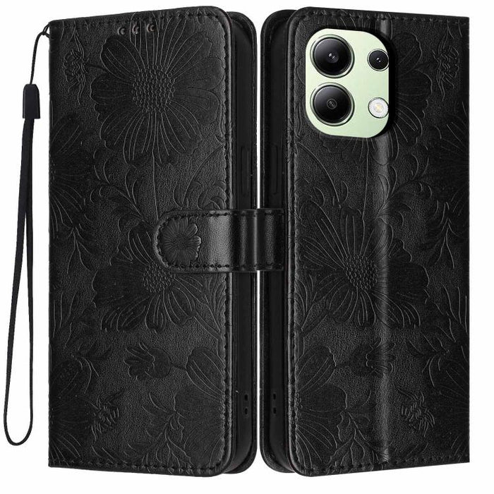 Funda para teléfono de piel vegana con relieve de girasol y cuerda negra pequeña, For Redmi 14C 4G / Poco C75 4G, For Redmi 13 4G Global / 13 5G Global, For Redmi A3 4G Global / A3x 4G, For Redmi 13C 5G Global / 4G Global, For Redmi Note 13 4G         ...