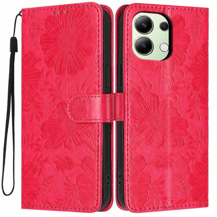 Funda para teléfono de piel vegana con relieve de girasol y cuerda negra pequeña, For Redmi 14C 4G / Poco C75 4G, For Redmi 13 4G Global / 13 5G Global, For Redmi A3 4G Global / A3x 4G, For Redmi 13C 5G Global / 4G Global, For Redmi Note 13 4G         ...