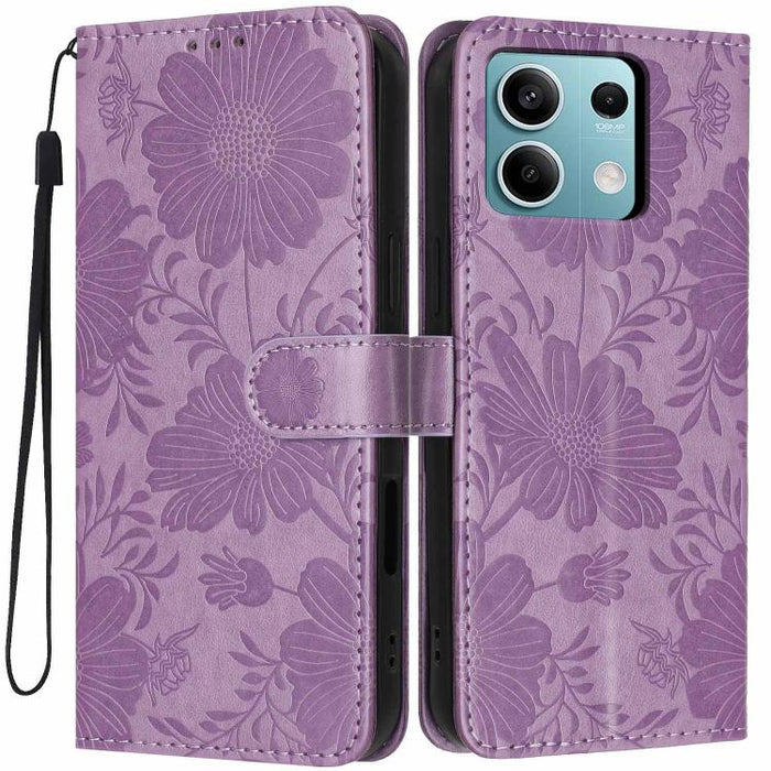 Funda para teléfono de piel vegana con relieve de girasol y cuerda negra pequeña, For Redmi 14C 4G / Poco C75 4G, For Redmi 13 4G Global / 13 5G Global, For Redmi A3 4G Global / A3x 4G, For Redmi 13C 5G Global / 4G Global, For Redmi Note 13 4G         ...
