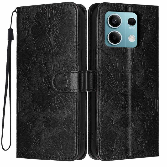 Funda para teléfono de piel vegana con relieve de girasol y cuerda negra pequeña, For Redmi 14C 4G / Poco C75 4G, For Redmi 13 4G Global / 13 5G Global, For Redmi A3 4G Global / A3x 4G, For Redmi 13C 5G Global / 4G Global, For Redmi Note 13 4G         ...