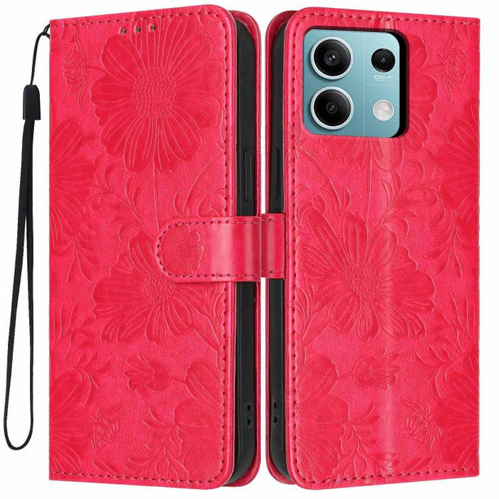 Funda para teléfono de piel vegana con relieve de girasol y cuerda negra pequeña, For Redmi 14C 4G / Poco C75 4G, For Redmi 13 4G Global / 13 5G Global, For Redmi A3 4G Global / A3x 4G, For Redmi 13C 5G Global / 4G Global, For Redmi Note 13 4G         ...