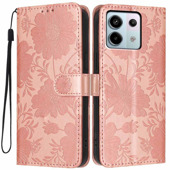 Funda para teléfono de piel vegana con relieve de girasol y cuerda negra pequeña, For Redmi 14C 4G / Poco C75 4G, For Redmi 13 4G Global / 13 5G Global, For Redmi A3 4G Global / A3x 4G, For Redmi 13C 5G Global / 4G Global, For Redmi Note 13 4G         ...