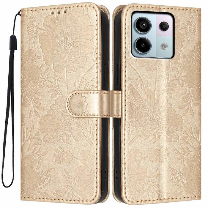 Funda para teléfono de piel vegana con relieve de girasol y cuerda negra pequeña, For Redmi 14C 4G / Poco C75 4G, For Redmi 13 4G Global / 13 5G Global, For Redmi A3 4G Global / A3x 4G, For Redmi 13C 5G Global / 4G Global, For Redmi Note 13 4G         ...