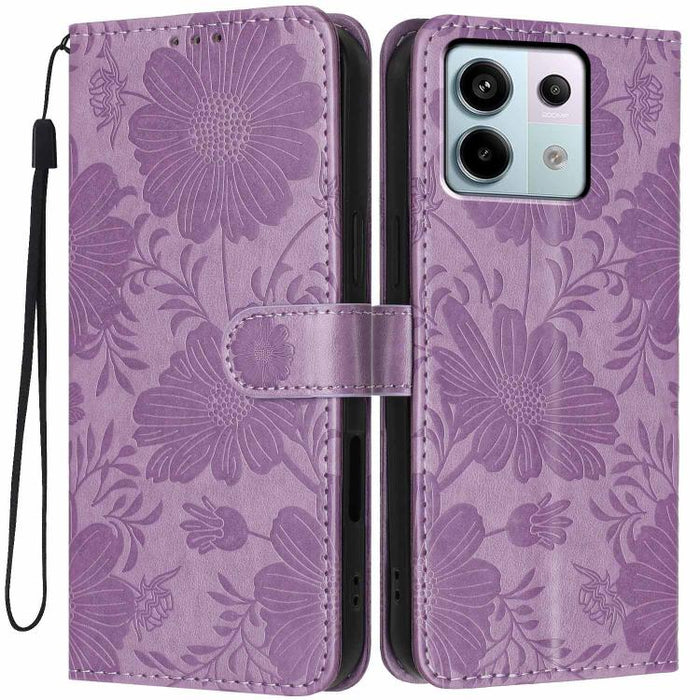 Funda para teléfono de piel vegana con relieve de girasol y cuerda negra pequeña, For Redmi 14C 4G / Poco C75 4G, For Redmi 13 4G Global / 13 5G Global, For Redmi A3 4G Global / A3x 4G, For Redmi 13C 5G Global / 4G Global, For Redmi Note 13 4G         ...