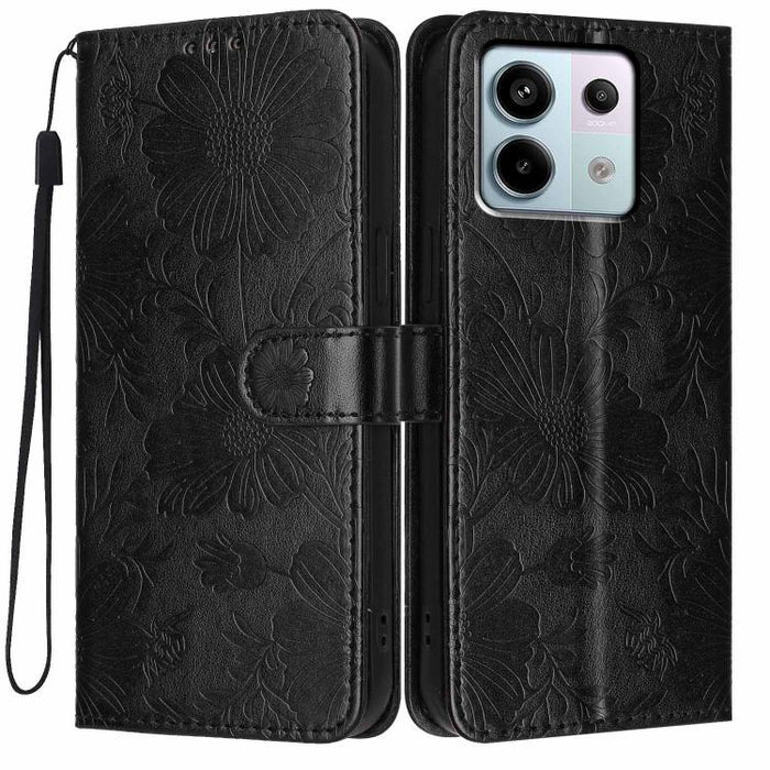 Funda para teléfono de piel vegana con relieve de girasol y cuerda negra pequeña, For Redmi 14C 4G / Poco C75 4G, For Redmi 13 4G Global / 13 5G Global, For Redmi A3 4G Global / A3x 4G, For Redmi 13C 5G Global / 4G Global, For Redmi Note 13 4G         ...