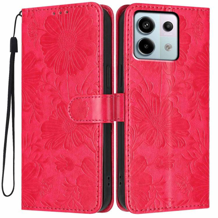 Funda para teléfono de piel vegana con relieve de girasol y cuerda negra pequeña, For Redmi 14C 4G / Poco C75 4G, For Redmi 13 4G Global / 13 5G Global, For Redmi A3 4G Global / A3x 4G, For Redmi 13C 5G Global / 4G Global, For Redmi Note 13 4G         ...