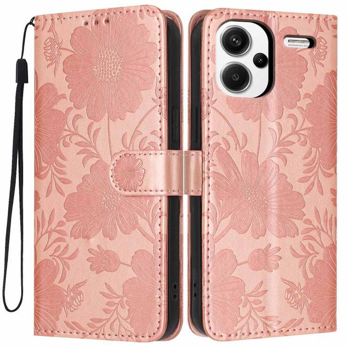 Funda para teléfono de piel vegana con relieve de girasol y cuerda negra pequeña, For Redmi 14C 4G / Poco C75 4G, For Redmi 13 4G Global / 13 5G Global, For Redmi A3 4G Global / A3x 4G, For Redmi 13C 5G Global / 4G Global, For Redmi Note 13 4G         ...