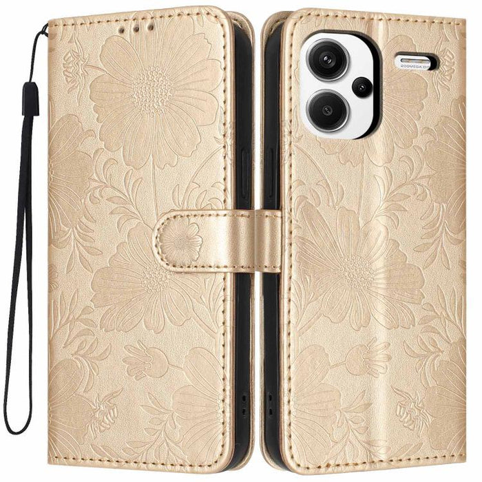 Funda para teléfono de piel vegana con relieve de girasol y cuerda negra pequeña, For Redmi 14C 4G / Poco C75 4G, For Redmi 13 4G Global / 13 5G Global, For Redmi A3 4G Global / A3x 4G, For Redmi 13C 5G Global / 4G Global, For Redmi Note 13 4G         ...