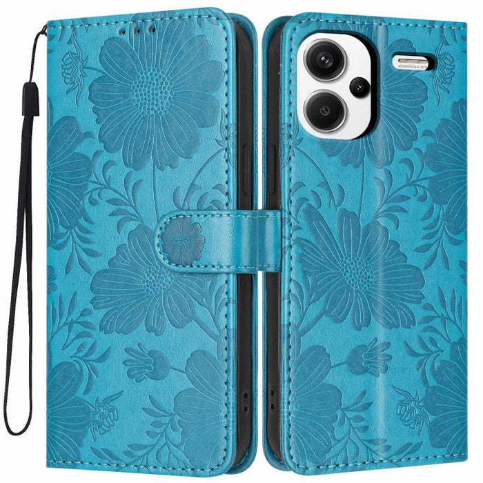 Funda para teléfono de piel vegana con relieve de girasol y cuerda negra pequeña, For Redmi 14C 4G / Poco C75 4G, For Redmi 13 4G Global / 13 5G Global, For Redmi A3 4G Global / A3x 4G, For Redmi 13C 5G Global / 4G Global, For Redmi Note 13 4G         ...