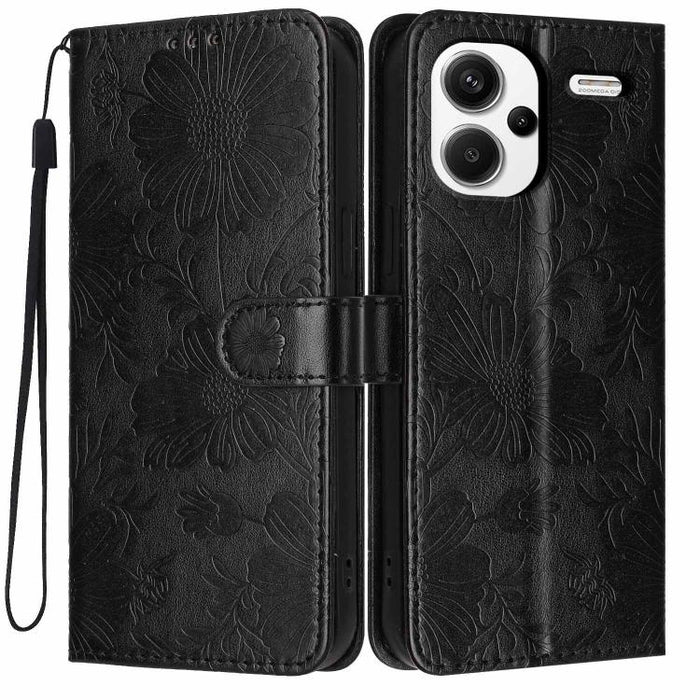 Funda para teléfono de piel vegana con relieve de girasol y cuerda negra pequeña, For Redmi 14C 4G / Poco C75 4G, For Redmi 13 4G Global / 13 5G Global, For Redmi A3 4G Global / A3x 4G, For Redmi 13C 5G Global / 4G Global, For Redmi Note 13 4G         ...