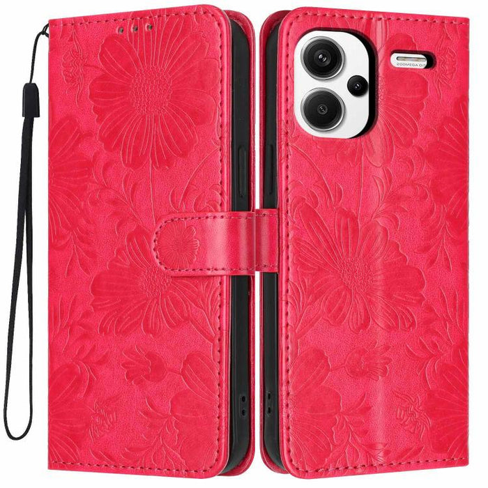 Funda para teléfono de piel vegana con relieve de girasol y cuerda negra pequeña, For Redmi 14C 4G / Poco C75 4G, For Redmi 13 4G Global / 13 5G Global, For Redmi A3 4G Global / A3x 4G, For Redmi 13C 5G Global / 4G Global, For Redmi Note 13 4G         ...