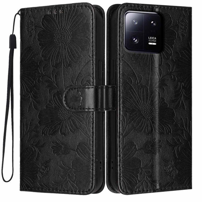 Funda para teléfono de piel vegana con relieve de girasol y cuerda negra pequeña, For Xiaomi Poco F8 Ultra 5G Global, For Xiaomi Poco F8 Pro 5G Global, For Xiaomi 17 Pro Max, For Xiaomi 17 Pro, For Xiaomi 17, For Xiaomi 15T Pro 5G, For Xiaomi 15T 5G   ...